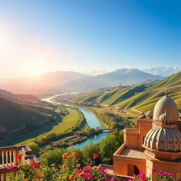A breathtaking landscape of Iran showcasing its diverse geography, featuring the majestic Alborz mountains with snow-capped peaks in the background, rolling hills covered in lush greenery, and a winding river reflecting the clear blue sky