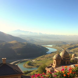 A breathtaking landscape of Iran showcasing its diverse geography, featuring the majestic Alborz mountains with snow-capped peaks in the background, rolling hills covered in lush greenery, and a winding river reflecting the clear blue sky