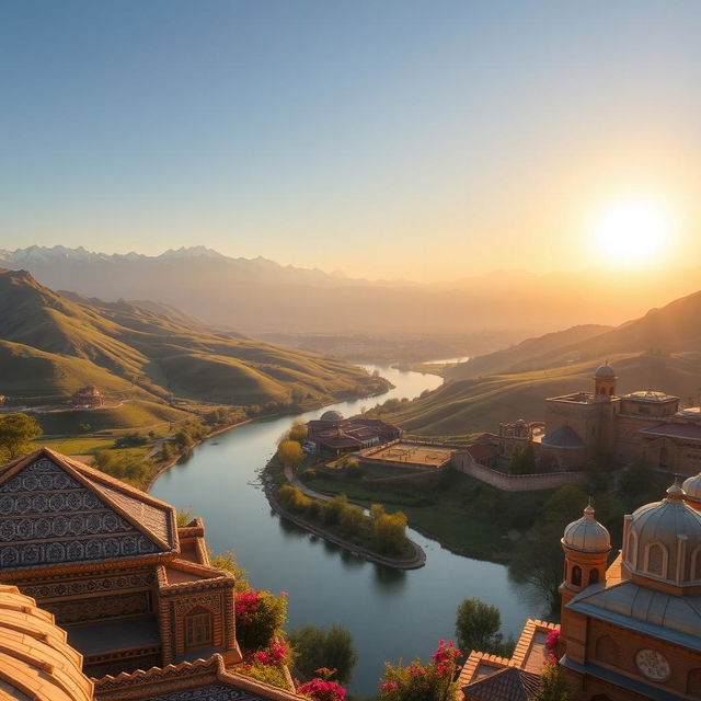 A breathtaking landscape of Iran showcasing its diverse geography, featuring the majestic Alborz mountains with snow-capped peaks in the background, rolling hills covered in lush greenery, and a winding river reflecting the clear blue sky