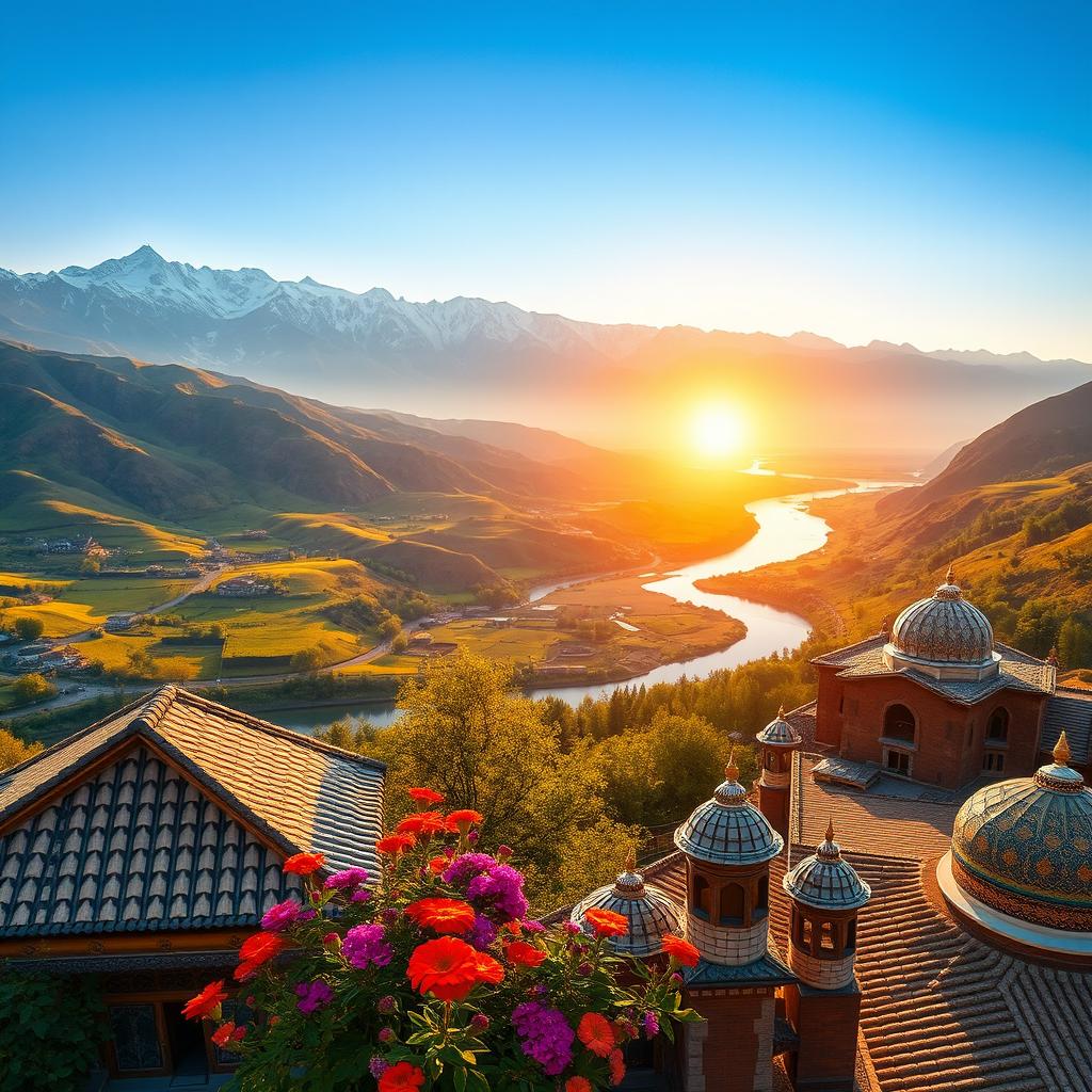 A breathtaking landscape of Iran showcasing its diverse geography, featuring the majestic Alborz mountains with snow-capped peaks in the background, rolling hills covered in lush greenery, and a winding river reflecting the clear blue sky