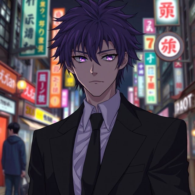 A tall male character with shaggy purple hair and striking violet eyes, standing in Japan at night