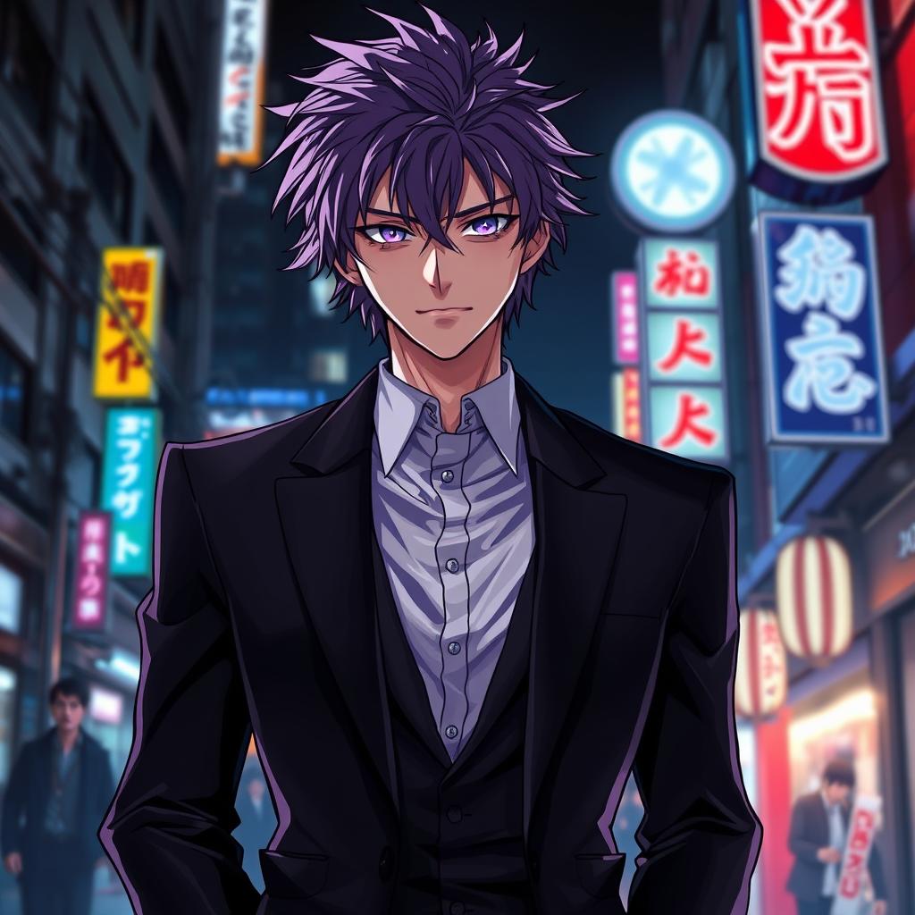 A tall male character with shaggy purple hair and striking violet eyes, standing in Japan at night