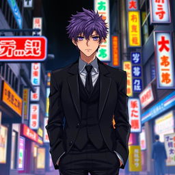 A tall male character with shaggy purple hair and striking violet eyes, standing in Japan at night