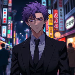 A tall male character with shaggy purple hair and striking violet eyes, standing in Japan at night