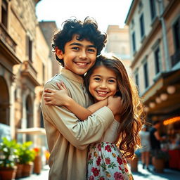 A heartwarming scene of a Persian boy hugging an Italian girl in the vibrant streets of Rome