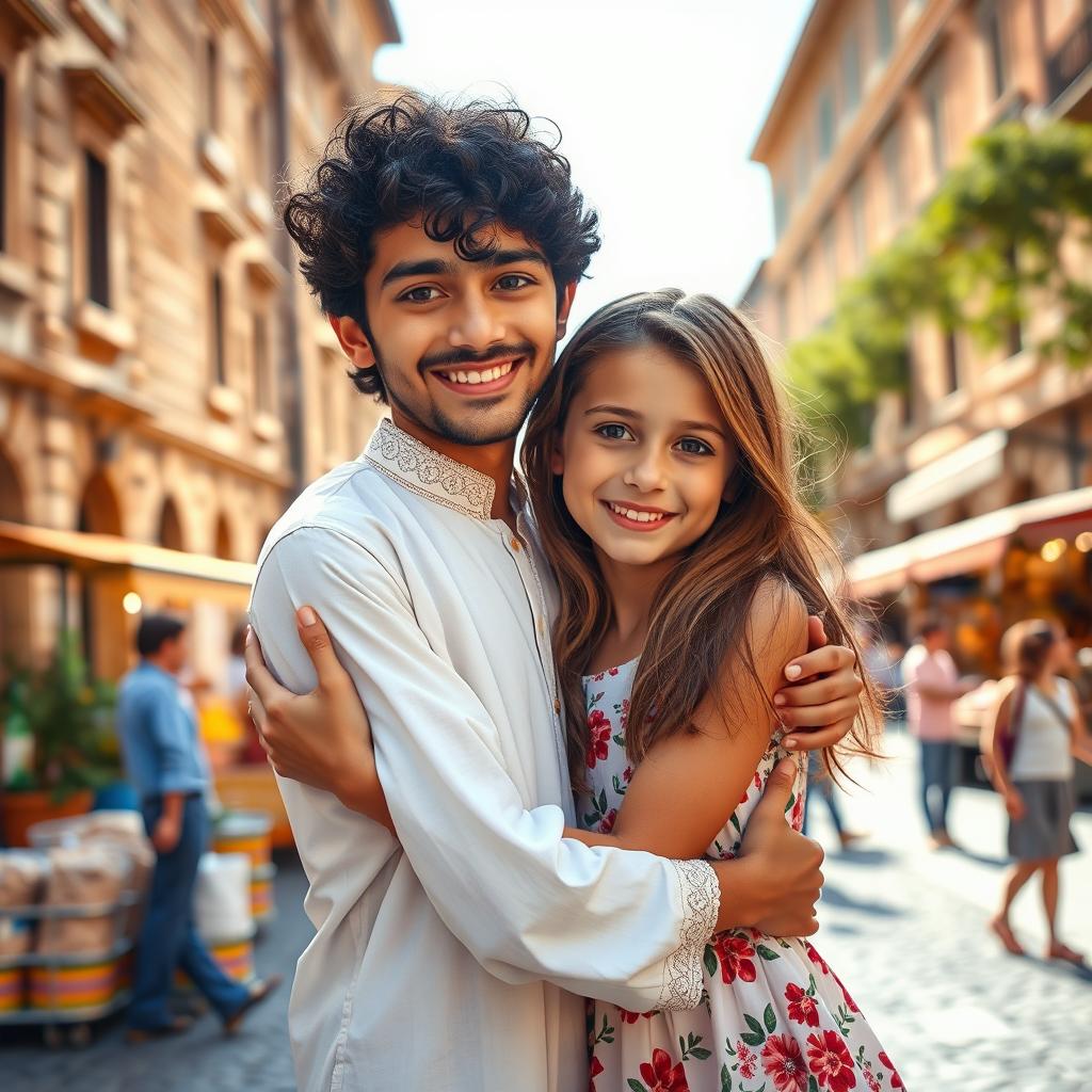 A heartwarming scene of a Persian boy hugging an Italian girl in the vibrant streets of Rome