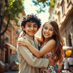 A heartwarming scene of a Persian boy hugging an Italian girl in the vibrant streets of Rome