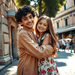 A heartwarming scene of a Persian boy hugging an Italian girl in the vibrant streets of Rome