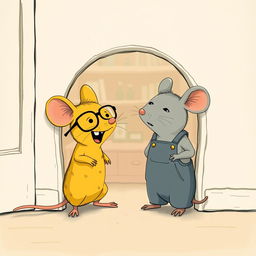 In front of a hole in the corner of a room, a yellow mouse wearing glasses is laughing at a gray mouse dressed in overalls