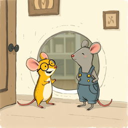 In front of a hole in the corner of a room, a yellow mouse wearing glasses is laughing at a gray mouse dressed in overalls