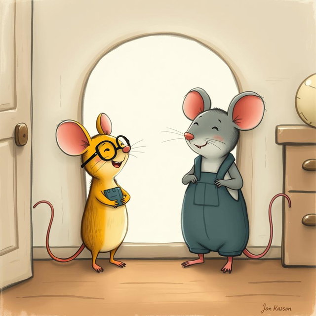 In front of a hole in the corner of a room, a yellow mouse wearing glasses is laughing at a gray mouse dressed in overalls