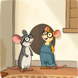 In front of a hole in the corner of a room, a yellow mouse wearing glasses is laughing at a gray mouse dressed in overalls
