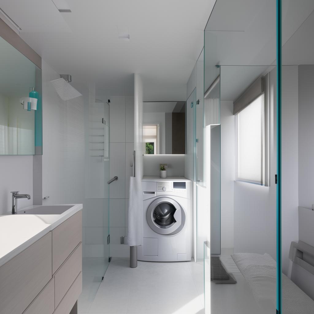 A well-designed bathroom of dimensions 154cm x 180cm, featuring a sleek toilet, a large, reflective mirror, a modern shower, and a convenient washing machine