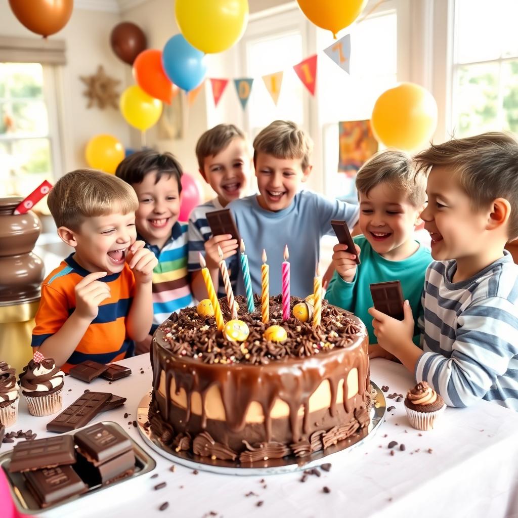 A lively and colorful birthday party scene featuring boys celebrating with chocolate treats