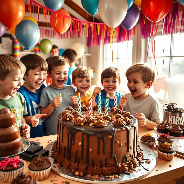 A lively and colorful birthday party scene featuring boys celebrating with chocolate treats