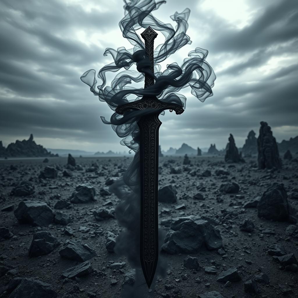 A shadow fantasy black sword emanating black smoke, set against a desolate wasteland filled with jagged black stone formations