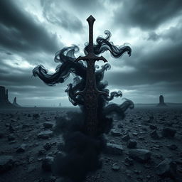 A shadow fantasy black sword emanating black smoke, set against a desolate wasteland filled with jagged black stone formations