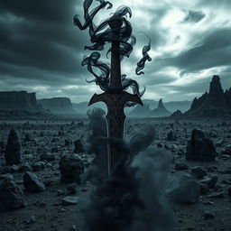A shadow fantasy black sword emanating black smoke, set against a desolate wasteland filled with jagged black stone formations