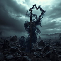 A shadow fantasy black sword emanating black smoke, set against a desolate wasteland filled with jagged black stone formations