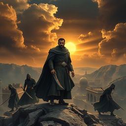 A dramatic scene depicting Alireza Bagheri, a figure dressed in traditional Persian attire, standing atop a mountainous region of Alamut, surrounded by mysterious assassins clad in dark, stealthy outfits