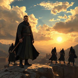 A dramatic scene depicting Alireza Bagheri, a figure dressed in traditional Persian attire, standing atop a mountainous region of Alamut, surrounded by mysterious assassins clad in dark, stealthy outfits