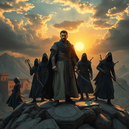 A dramatic scene depicting Alireza Bagheri, a figure dressed in traditional Persian attire, standing atop a mountainous region of Alamut, surrounded by mysterious assassins clad in dark, stealthy outfits