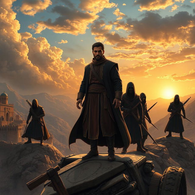 A dramatic scene depicting Alireza Bagheri, a figure dressed in traditional Persian attire, standing atop a mountainous region of Alamut, surrounded by mysterious assassins clad in dark, stealthy outfits