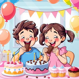 A vibrant and cheerful vector illustration of two children enjoying a birthday party, both excitedly eating chocolate