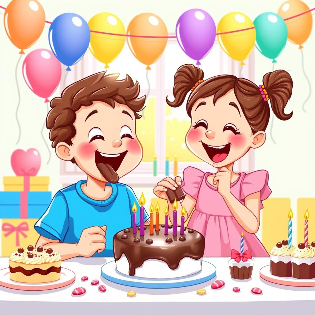 A vibrant and cheerful vector illustration of two children enjoying a birthday party, both excitedly eating chocolate