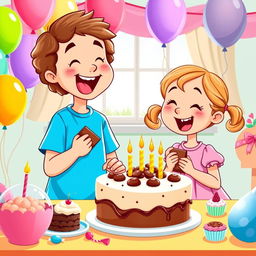 A vibrant and cheerful vector illustration of two children enjoying a birthday party, both excitedly eating chocolate