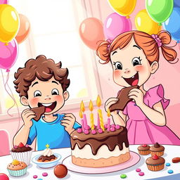 A vibrant and cheerful vector illustration of two children enjoying a birthday party, both excitedly eating chocolate