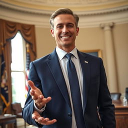 A charismatic and confident individual, standing in the Oval Office, wearing a custom-tailored dark blue suit with a crisp white shirt and a subtle patterned tie