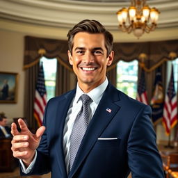 A charismatic and confident individual, standing in the Oval Office, wearing a custom-tailored dark blue suit with a crisp white shirt and a subtle patterned tie