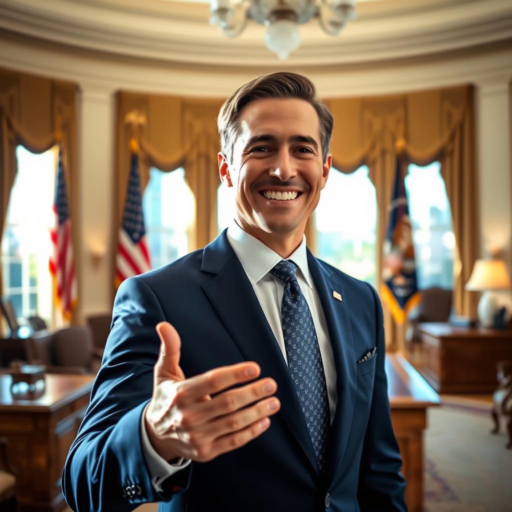 A charismatic and confident individual, standing in the Oval Office, wearing a custom-tailored dark blue suit with a crisp white shirt and a subtle patterned tie