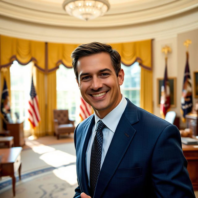 A charismatic and confident individual, standing in the Oval Office, wearing a custom-tailored dark blue suit with a crisp white shirt and a subtle patterned tie