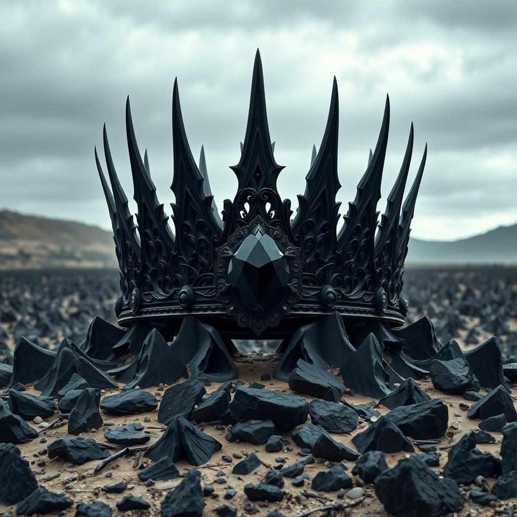A majestic shadow fantasy crown with intricate designs, set with a large central black gemstone, glowing faintly