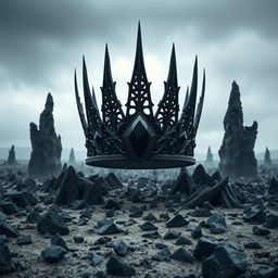 A majestic shadow fantasy crown with intricate designs, set with a large central black gemstone, glowing faintly