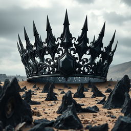 A majestic shadow fantasy crown with intricate designs, set with a large central black gemstone, glowing faintly