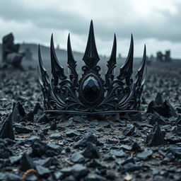 A majestic shadow fantasy crown with intricate designs, set with a large central black gemstone, glowing faintly