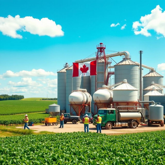 A bustling fertilizer production facility in Canada, showcasing large industrial equipment, storage silos, and a vibrant green landscape surrounding the site