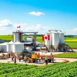 A bustling fertilizer production facility in Canada, showcasing large industrial equipment, storage silos, and a vibrant green landscape surrounding the site