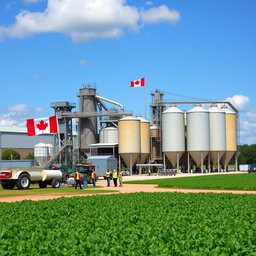 A bustling fertilizer production facility in Canada, showcasing large industrial equipment, storage silos, and a vibrant green landscape surrounding the site
