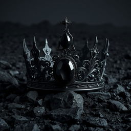 A magnificent shadow fantasy black crown adorned with a large black gemstone, intricately designed with dark gothic elements