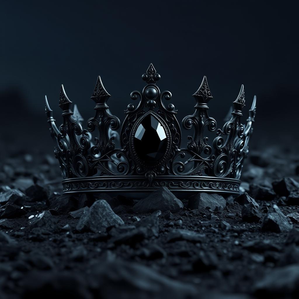 A magnificent shadow fantasy black crown adorned with a large black gemstone, intricately designed with dark gothic elements