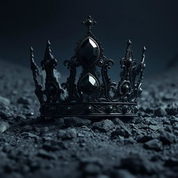 A magnificent shadow fantasy black crown adorned with a large black gemstone, intricately designed with dark gothic elements