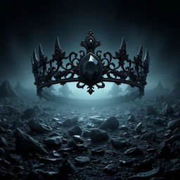A magnificent shadow fantasy black crown adorned with a large black gemstone, intricately designed with dark gothic elements