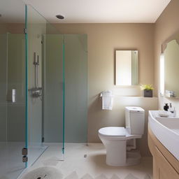 A well-designed bathroom of dimensions 154cm x 180cm, featuring a sleek toilet, a large, reflective mirror, a modern shower, and a convenient washing machine