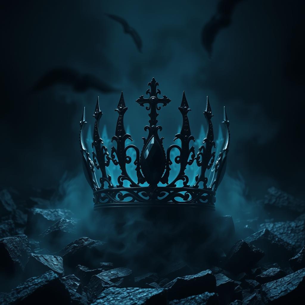 A shadow fantasy black crown adorned with a deep black gemstone, set against a haunting wasteland of black stone