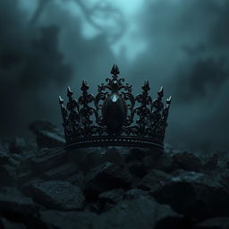A shadow fantasy black crown adorned with a deep black gemstone, set against a haunting wasteland of black stone
