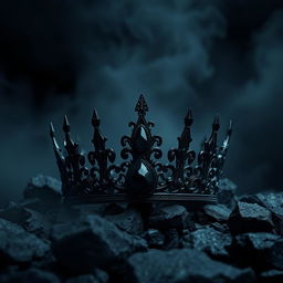 A shadow fantasy black crown adorned with a deep black gemstone, set against a haunting wasteland of black stone